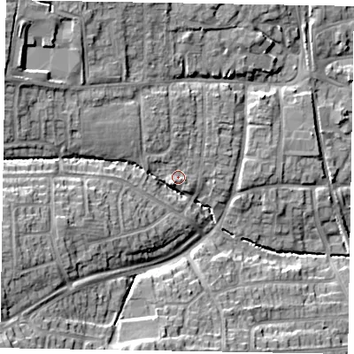 Shaded relief map of the ground around LE156RD, computed from Environment Agency LiDAR. The ground here sits at about 112 m above sea level and falls 19 m across the surrounding 800 m. Surface water reaching this point runs off ground lying to the north-north-west, 2.7 m higher.