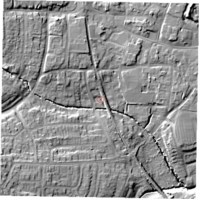 Shaded relief map of the ground around LE156SA, computed from Environment Agency LiDAR. The ground here sits at about 107 m above sea level and falls 22 m across the surrounding 800 m. Surface water reaching this point runs off ground lying to the south-west, 14.9 m higher.