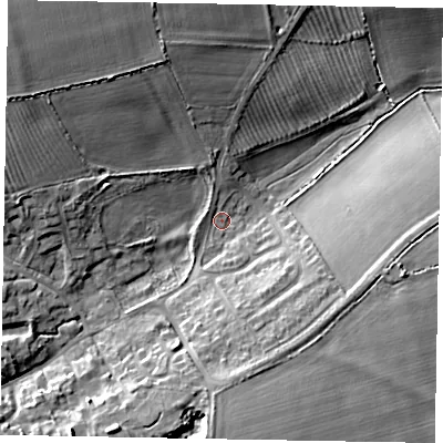 Shaded relief map of the ground around LE157DQ, computed from Environment Agency LiDAR. The ground here sits at about 129 m above sea level and falls 15 m across the surrounding 800 m. Surface water reaching this point runs off ground lying to the south-west, 10.4 m higher.
