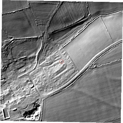 Shaded relief map of the ground around LE157DT, computed from Environment Agency LiDAR. The ground here sits at about 131 m above sea level and falls 16 m across the surrounding 800 m. Surface water reaching this point runs off ground lying to the south, 5.1 m higher.