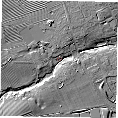 Shaded relief map of the ground around LE157EG, computed from Environment Agency LiDAR. The ground here sits at about 123 m above sea level and falls 17 m across the surrounding 800 m. Surface water reaching this point runs off ground lying to the south-west, 12.6 m higher.