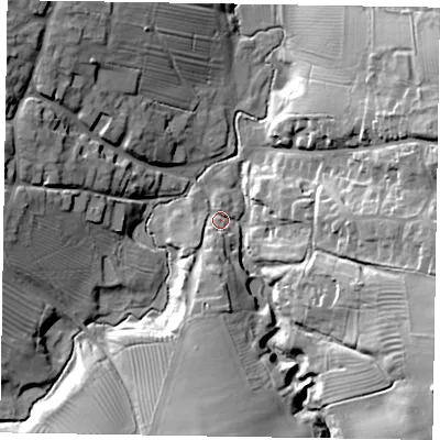 Shaded relief map of the ground around LE157EZ, computed from Environment Agency LiDAR. The ground here sits at about 107 m above sea level and falls 29 m across the surrounding 800 m. Surface water reaching this point runs off ground lying to the south, 11.2 m higher.