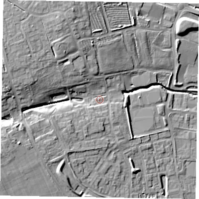 Shaded relief map of the ground around LE157GB, computed from Environment Agency LiDAR. The ground here sits at about 118 m above sea level and falls 18 m across the surrounding 800 m. Surface water reaching this point runs off ground lying to the west-north-west, 11.5 m higher.