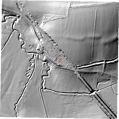 Shaded relief map of the ground around LE157HH, computed from Environment Agency LiDAR. The ground here sits at about 97 m above sea level and falls 33 m across the surrounding 800 m. Surface water reaching this point runs off ground lying to the north-east, 16.8 m higher.