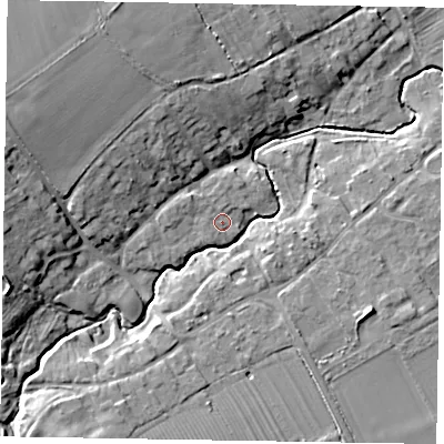 Shaded relief map of the ground around LE157HU, computed from Environment Agency LiDAR. The ground here sits at about 125 m above sea level and falls 17 m across the surrounding 800 m. Surface water reaching this point runs off ground lying to the west, 2.4 m higher.