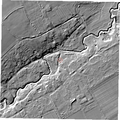 Shaded relief map of the ground around LE157JE, computed from Environment Agency LiDAR. The ground here sits at about 123 m above sea level and falls 16 m across the surrounding 800 m. Surface water reaching this point runs off ground lying to the south-south-east, 2.6 m higher.
