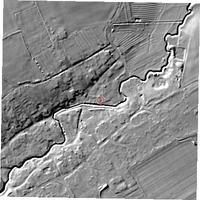 Shaded relief map of the ground around LE157JF, computed from Environment Agency LiDAR. The ground here sits at about 123 m above sea level and falls 15 m across the surrounding 800 m. Surface water reaching this point runs off ground lying to the west, 10.5 m higher.