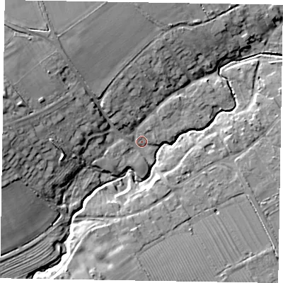 Shaded relief map of the ground around LE157JN, computed from Environment Agency LiDAR. The ground here sits at about 126 m above sea level and falls 20 m across the surrounding 800 m. Surface water reaching this point runs off ground lying to the west-north-west, 16.2 m higher.