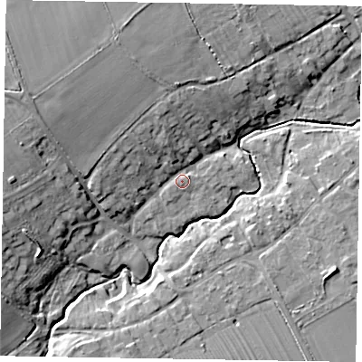 Shaded relief map of the ground around LE157JS, computed from Environment Agency LiDAR. The ground here sits at about 126 m above sea level and falls 18 m across the surrounding 800 m. Surface water reaching this point runs off ground lying to the west-north-west, 6.5 m higher.