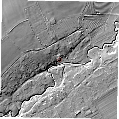 Shaded relief map of the ground around LE157JT, computed from Environment Agency LiDAR. The ground here sits at about 125 m above sea level and falls 16 m across the surrounding 800 m. Surface water reaching this point runs off ground lying to the north-west, 7.1 m higher.