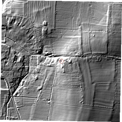 Shaded relief map of the ground around LE157LJ, computed from Environment Agency LiDAR. The ground here sits at about 111 m above sea level and falls 14 m across the surrounding 800 m. Surface water reaching this point runs off ground lying to the east, 6.1 m higher.