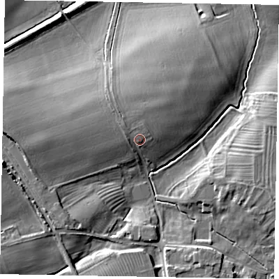 Shaded relief map of the ground around LE157LR, computed from Environment Agency LiDAR. The ground here sits at about 106 m above sea level and falls 14 m across the surrounding 800 m. Surface water reaching this point runs off ground lying to the north-west, 1.7 m higher.
