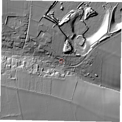 Shaded relief map of the ground around LE157NE, computed from Environment Agency LiDAR. The ground here sits at about 106 m above sea level and falls 24 m across the surrounding 800 m. Surface water reaching this point runs off ground lying to the north-north-west, 19.4 m higher.