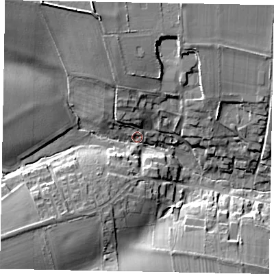 Shaded relief map of the ground around LE157NF, computed from Environment Agency LiDAR. The ground here sits at about 112 m above sea level and falls 21 m across the surrounding 800 m. Surface water reaching this point runs off ground lying to the north-west, 16.8 m higher.