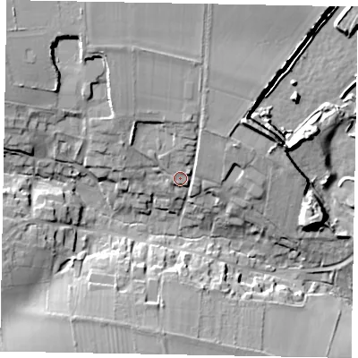 Shaded relief map of the ground around LE157NG, computed from Environment Agency LiDAR. The ground here sits at about 115 m above sea level and falls 22 m across the surrounding 800 m. Surface water reaching this point runs off ground lying to the north, 5.3 m higher.