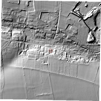 Shaded relief map of the ground around LE157NJ, computed from Environment Agency LiDAR. The ground here sits at about 111 m above sea level and falls 20 m across the surrounding 800 m. Surface water reaching this point runs off ground lying to the south, 10.4 m higher.