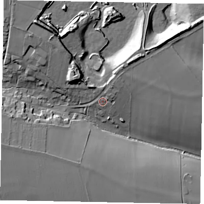 Shaded relief map of the ground around LE157NP, computed from Environment Agency LiDAR. The ground here sits at about 109 m above sea level and falls 25 m across the surrounding 800 m. Surface water reaching this point runs off ground lying to the north-north-east, 7.2 m higher.