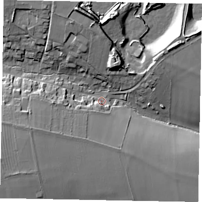 Shaded relief map of the ground around LE157NS, computed from Environment Agency LiDAR. The ground here sits at about 105 m above sea level and falls 23 m across the surrounding 800 m. Surface water reaching this point runs off ground lying to the south-west, 13.1 m higher.