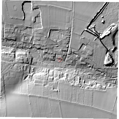 Shaded relief map of the ground around LE157NW, computed from Environment Agency LiDAR. The ground here sits at about 108 m above sea level and falls 21 m across the surrounding 800 m. Surface water reaching this point runs off ground lying to the north, 5.4 m higher.