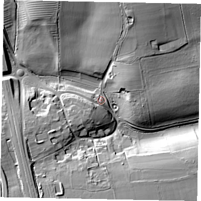 Shaded relief map of the ground around LE157QS, computed from Environment Agency LiDAR. The ground here sits at about 99 m above sea level and falls 21 m across the surrounding 800 m. Surface water reaching this point runs off ground lying to the south-west, 7.2 m higher.