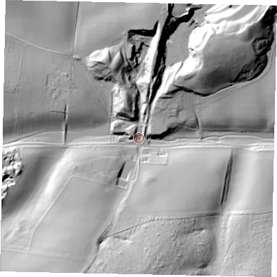 Shaded relief map of the ground around LE157SQ, computed from Environment Agency LiDAR. The ground here sits at about 55 m above sea level and falls 42 m across the surrounding 800 m. Surface water reaching this point runs off ground lying to the south, 31.8 m higher.