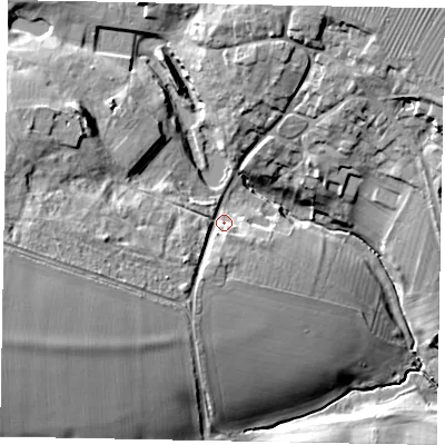 Shaded relief map of the ground around LE158AX, computed from Environment Agency LiDAR. The ground here sits at about 102 m above sea level and falls 28 m across the surrounding 800 m. Surface water reaching this point runs off ground lying to the west-south-west, 17.9 m higher.