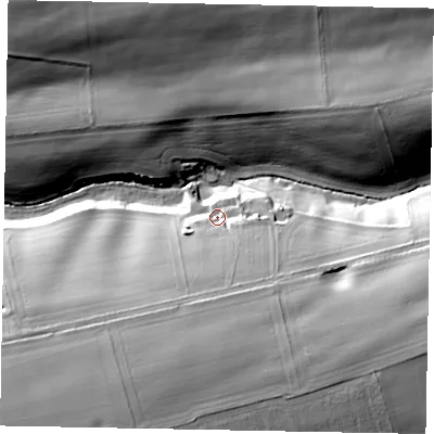 Shaded relief map of the ground around LE158BA, computed from Environment Agency LiDAR. The ground here sits at about 80 m above sea level and falls 36 m across the surrounding 800 m. Surface water reaching this point runs off ground lying to the south-south-west, 22.2 m higher.