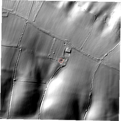 Shaded relief map of the ground around LE158DF, computed from Environment Agency LiDAR. The ground here sits at about 135 m above sea level and falls 48 m across the surrounding 800 m. Surface water reaching this point runs off ground lying to the north-north-east, 11.3 m higher.