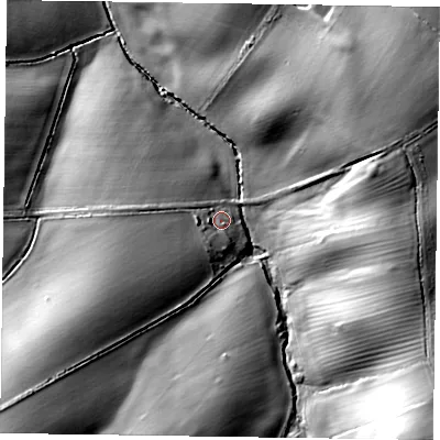 Shaded relief map of the ground around LE158DL, computed from Environment Agency LiDAR. The ground here sits at about 148 m above sea level and falls 44 m across the surrounding 800 m. Surface water reaching this point runs off ground lying to the south-west, 14.0 m higher.