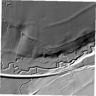 Shaded relief map of the ground around LE158LF, computed from Environment Agency LiDAR. The ground here sits at about 55 m above sea level and falls 38 m across the surrounding 800 m. Surface water reaching this point runs off ground lying to the north-north-west, 23.4 m higher.