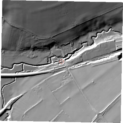 Shaded relief map of the ground around LE158NB, computed from Environment Agency LiDAR. The ground here sits at about 45 m above sea level and falls 36 m across the surrounding 800 m. Surface water reaching this point runs off ground lying to the south-east, 33.0 m higher.