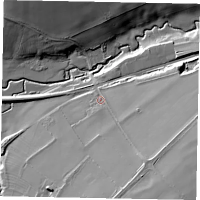 Shaded relief map of the ground around LE158NG, computed from Environment Agency LiDAR. The ground here sits at about 54 m above sea level and falls 40 m across the surrounding 800 m. Surface water reaching this point runs off ground lying to the south-east, 29.4 m higher.