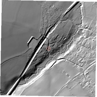 Shaded relief map of the ground around LE158NQ, computed from Environment Agency LiDAR. The ground here sits at about 56 m above sea level and falls 31 m across the surrounding 800 m. Surface water reaching this point runs off ground lying to the north-north-west, 5.2 m higher.