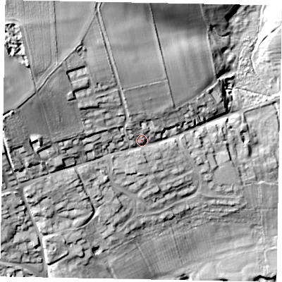Shaded relief map of the ground around LE158PS, computed from Environment Agency LiDAR. The ground here sits at about 68 m above sea level and falls 45 m across the surrounding 800 m. Surface water reaching this point runs off ground lying to the north-north-west, 8.5 m higher.