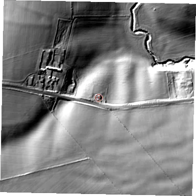 Shaded relief map of the ground around LE158QQ, computed from Environment Agency LiDAR. The ground here sits at about 64 m above sea level and falls 43 m across the surrounding 800 m. Surface water reaching this point runs off ground lying to the south-west, 24.7 m higher.