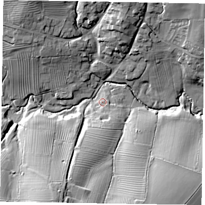 Shaded relief map of the ground around LE158QZ, computed from Environment Agency LiDAR. The ground here sits at about 113 m above sea level and falls 28 m across the surrounding 800 m. Surface water reaching this point runs off ground lying to the south, 4.3 m higher.