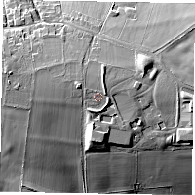 Shaded relief map of the ground around LE158RH, computed from Environment Agency LiDAR. The ground here sits at about 122 m above sea level and falls 35 m across the surrounding 800 m. Surface water reaching this point runs off ground lying to the north-north-east, 1.0 m higher.