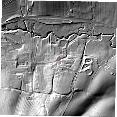 Shaded relief map of the ground around LE159AB, computed from Environment Agency LiDAR. The ground here sits at about 100 m above sea level and falls 50 m across the surrounding 800 m. Surface water reaching this point runs off ground lying to the south, 20.1 m higher.