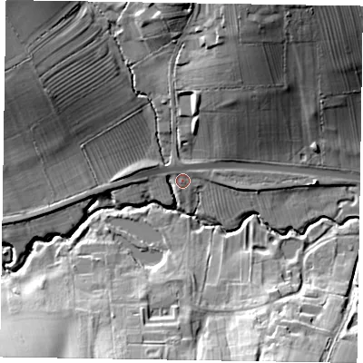 Shaded relief map of the ground around LE159AG, computed from Environment Agency LiDAR. The ground here sits at about 95 m above sea level and falls 29 m across the surrounding 800 m. Surface water reaching this point runs off ground lying to the north-north-west, 2.1 m higher.