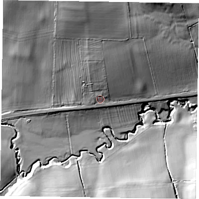 Shaded relief map of the ground around LE159AQ, computed from Environment Agency LiDAR. The ground here sits at about 105 m above sea level and falls 30 m across the surrounding 800 m. Surface water reaching this point runs off ground lying to the north, 11.3 m higher.