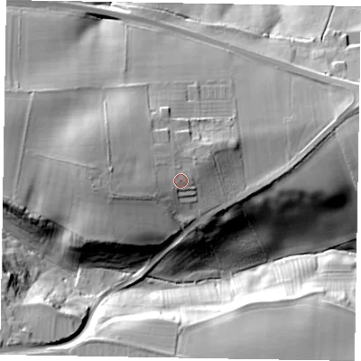 Shaded relief map of the ground around LE159EU, computed from Environment Agency LiDAR. The ground here sits at about 131 m above sea level and falls 37 m across the surrounding 800 m. Surface water reaching this point runs off ground lying to the west, 3.8 m higher.