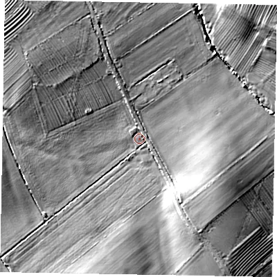 Shaded relief map of the ground around LE159HN, computed from Environment Agency LiDAR. The ground here sits at about 54 m above sea level and falls 20 m across the surrounding 800 m. Surface water reaching this point runs off ground lying to the north-west, 13.2 m higher.