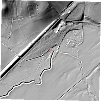 Shaded relief map of the ground around LE159HX, computed from Environment Agency LiDAR. The ground here sits at about 41 m above sea level and falls 34 m across the surrounding 800 m. Surface water reaching this point runs off ground lying to the west-north-west, 9.6 m higher.
