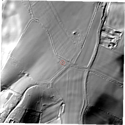 Shaded relief map of the ground around LE159JG, computed from Environment Agency LiDAR. The ground here sits at about 145 m above sea level and falls 43 m across the surrounding 800 m. Surface water reaching this point runs off ground lying to the north-east, 1.7 m higher.