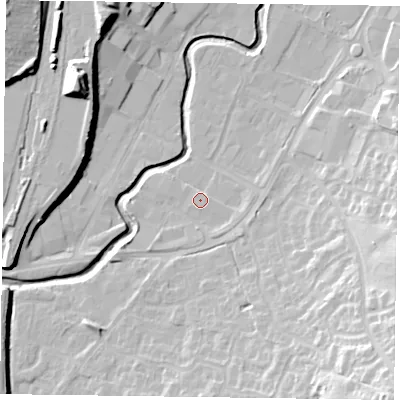 Shaded relief map of the ground around LE167BA, computed from Environment Agency LiDAR. The ground here sits at about 76 m above sea level and falls 24 m across the surrounding 800 m. Surface water reaching this point runs off ground lying to the east, 1.7 m higher.