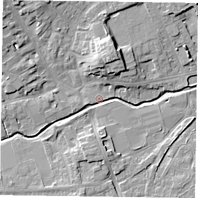Shaded relief map of the ground around LE167DR, computed from Environment Agency LiDAR. The ground here sits at about 77 m above sea level and falls 13 m across the surrounding 800 m. Surface water reaching this point runs off ground lying to the north-north-east, 12.4 m higher.