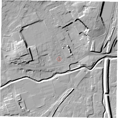 Shaded relief map of the ground around LE167DT, computed from Environment Agency LiDAR. The ground here sits at about 77 m above sea level and falls 16 m across the surrounding 800 m. Surface water reaching this point runs off ground lying to the north-west, 2.6 m higher.