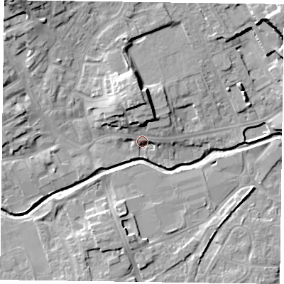 Shaded relief map of the ground around LE167DU, computed from Environment Agency LiDAR. The ground here sits at about 79 m above sea level and falls 15 m across the surrounding 800 m. Surface water reaching this point runs off ground lying to the north, 8.3 m higher.