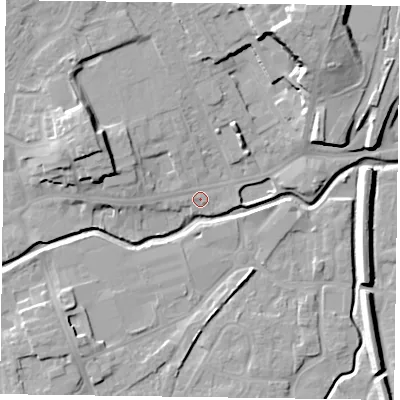 Shaded relief map of the ground around LE167DX, computed from Environment Agency LiDAR. The ground here sits at about 77 m above sea level and falls 16 m across the surrounding 800 m. Surface water reaching this point runs off ground lying to the west-north-west, 9.7 m higher.