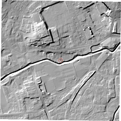 Shaded relief map of the ground around LE167FE, computed from Environment Agency LiDAR. The ground here sits at about 77 m above sea level and falls 15 m across the surrounding 800 m. Surface water reaching this point runs off ground lying to the north-west, 12.7 m higher.